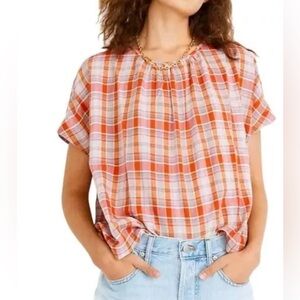Madewell Plaid Shirred Neckline Short Sleeve Top SZ L